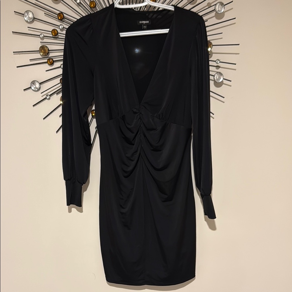 Express Black Ruched Sheath Dress with Bishop Sleeves